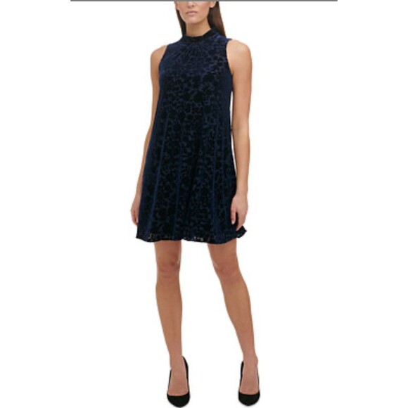 Tommy Hilfiger Womens Velvet Sleevless Mini Trapeze Dress Navy Party Holiday-2 - Picture 1 of 10